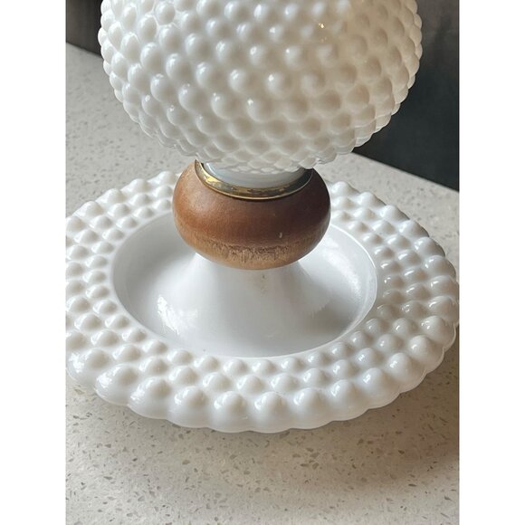 Hobnail Milk Glass & Wood Table Lamp With Textured Fabric Shade VTG Midcentury - Picture 6 of 12